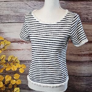 GREEN ENVELOPE NAVY & WHITE FRAYED PULLOVER TOP